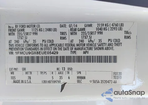 2014 Ford Escape Se z USA, uszkodzony, nr VIN 1FMCU9GX8EUE05429